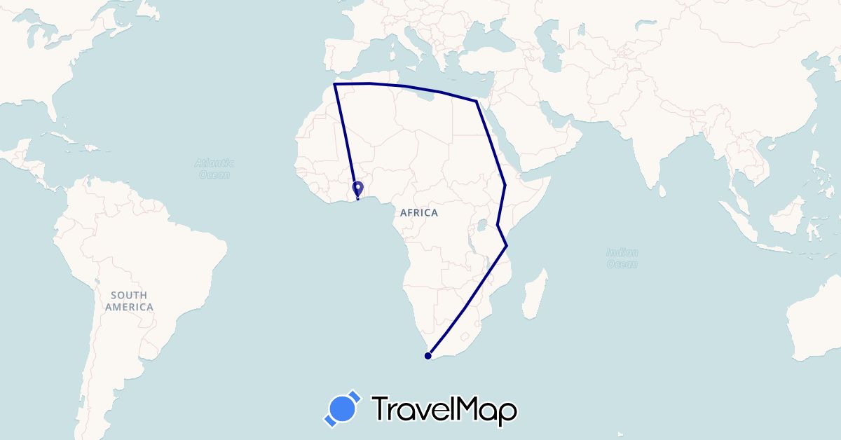 TravelMap itinerary: driving in Egypt, Ethiopia, Ghana, Kenya, Morocco, Tanzania, South Africa (Africa)